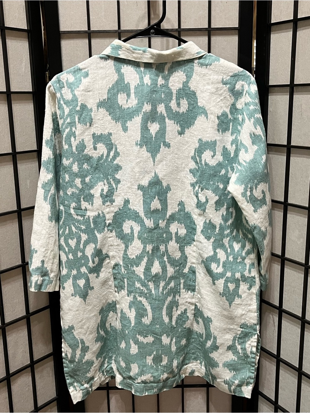CONNIE ROBERSON TEAL & WHITE IKAT PRINT LINEN BUTTON DOWN SHIRT/TUNIC SIZE M - Picture 7 of 11
